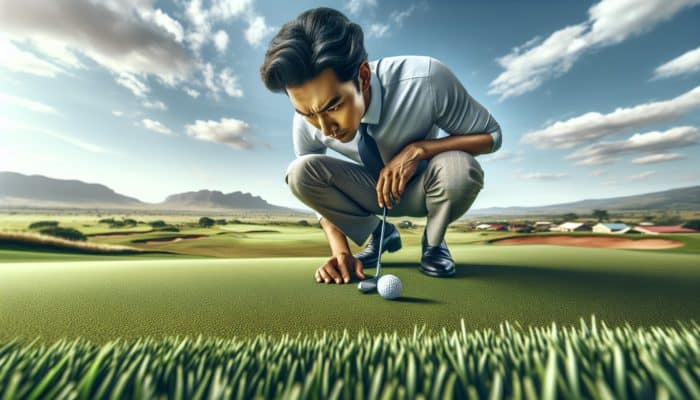 Golfer analyzing kikuyu grass grain on South African green, ball rolls slower against grain, distant hills.