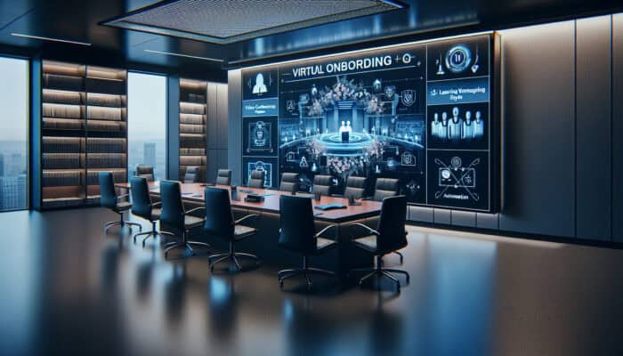 A modern office screen showing virtual onboarding for remote assistants with video and automation tools.