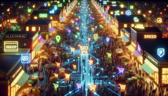 A vibrant e-commerce platform with SEO keywords driving traffic to optimized online stores in Glastonbury.