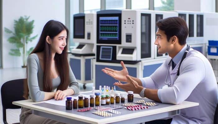 A person discussing medications and supplements with a healthcare provider before a ferritin blood test in a clinic.
