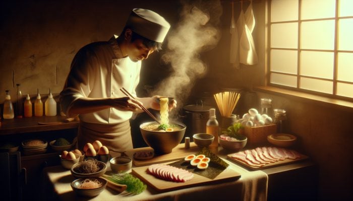 A chef in a cozy Japanese kitchen skillfully preparing a steaming bowl of ramen with fresh ingredients.