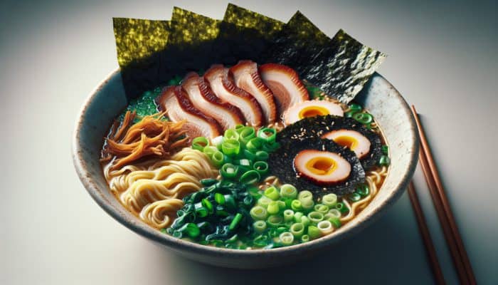 A steaming bowl of ramen with chashu pork, nori, bamboo shoots, and green onions.