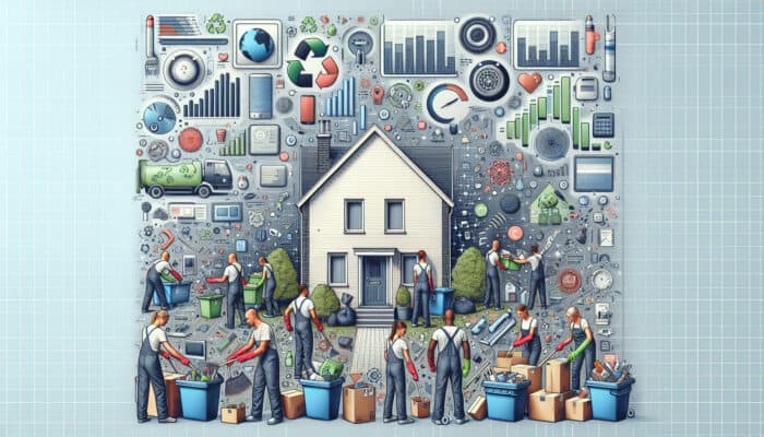 Cluttered Derby home cleared by eco-conscious workers, sorting items for recycling and charity, following local waste management rules.