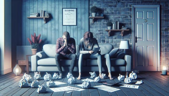A couple in a UK living room, distanced on a sofa, surrounded by bills, showing stress from debt.