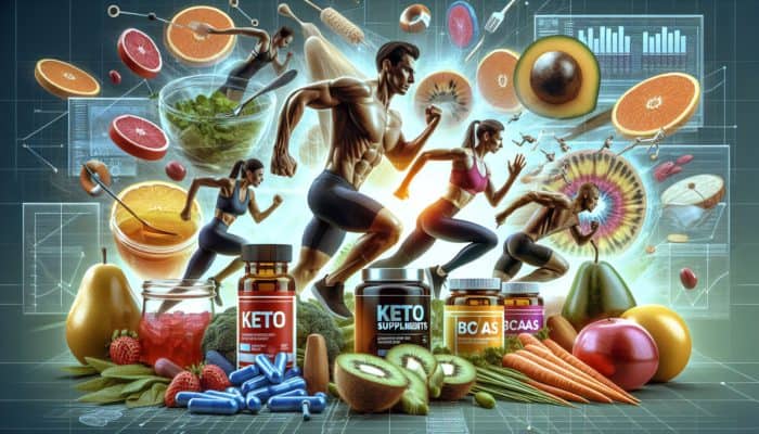 High-quality keto supplements like MCT oil and BCAAs with athletes, whole foods backdrop.