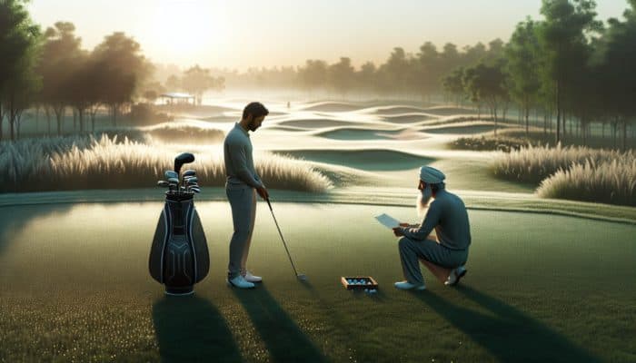 A serene golf course at sunrise with a golfer receiving mental preparation tips from a coach.