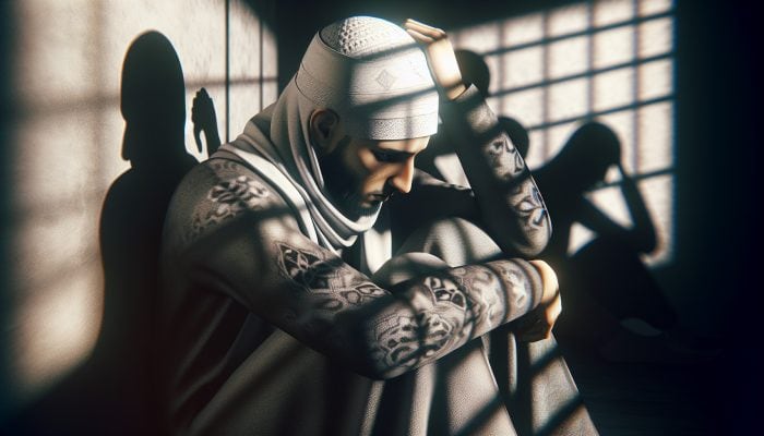 A person with skin conditions, sad and alone in a dimly lit room, surrounded by shadows representing stigma and turmoil.