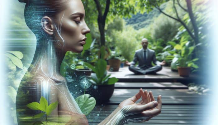 A person meditating in a tranquil garden, showcasing clear, healthy skin.