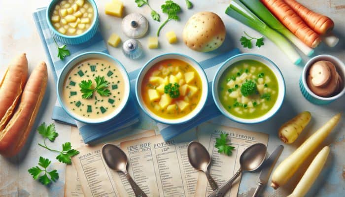 Three bowls of classic British soups garnished with fresh parsley on a vibrant table.