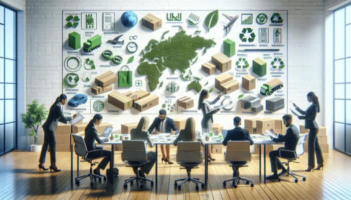 UK business office with employees reviewing sustainable packaging materials and collaborating with eco-friendly suppliers.