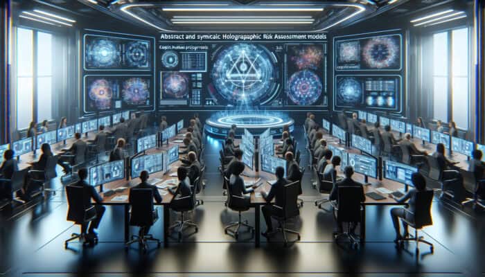 Futuristic conference room with experts analyzing holographic risk assessment models for human VA projects.