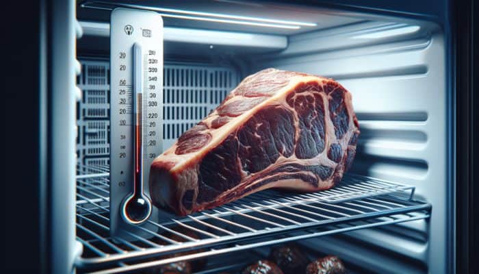 Dry-aged steak on a rack in refrigerator, unwrapped, with thermometer showing 34°F to 38°F.