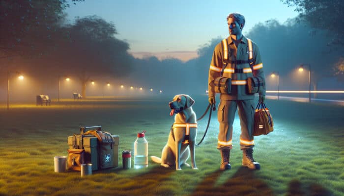 A person and dog with reflective gear on a leash in a park at dusk, equipped with safety items.