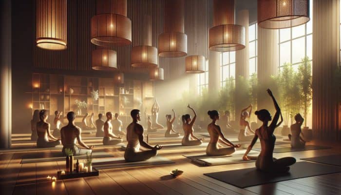 A serene yoga studio with practitioners inhaling marjoram essential oil, surrounded by greenery.