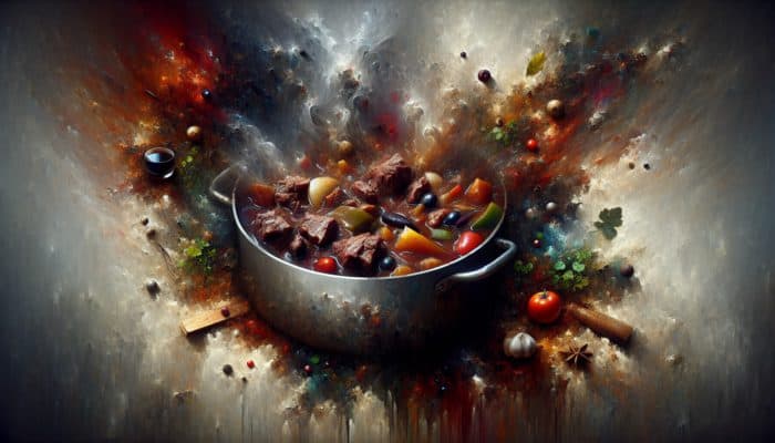 A steaming pot of beef stew with chunks of meat, vegetables, and a rich broth enhanced by red wine, stout beer, tomato puree, and soy sauce.