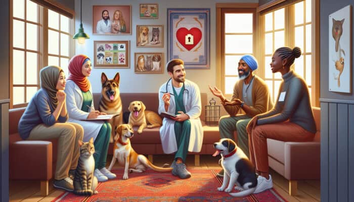 Diverse pet experts discussing rehoming with happy dogs and cats in a cozy, well-lit room.