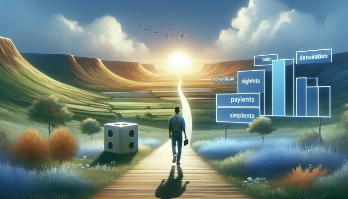 A person walking a clear path in a serene UK landscape, holding a key, symbolising debt consolidation and financial recovery.