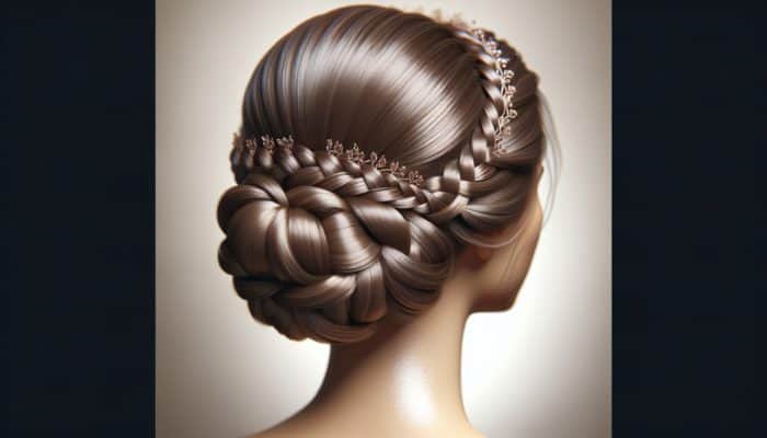 Elegant updo with little braids framing face, adding texture to chignon, and crown braid for regal touch.