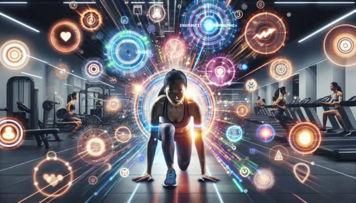 Athlete in mid-workout surrounded by energy boosts, focus symbols, and endurance icons in a vibrant gym.