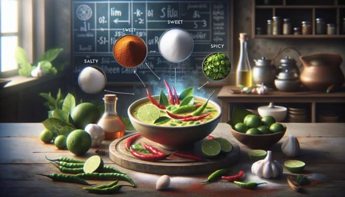 A vibrant Thai green curry dish with a balanced mix of salty, sweet, sour, and spicy flavors.