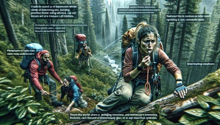 Hiker using whistle in dense forest to signal for help, climbers nearby preparing to alert authorities.