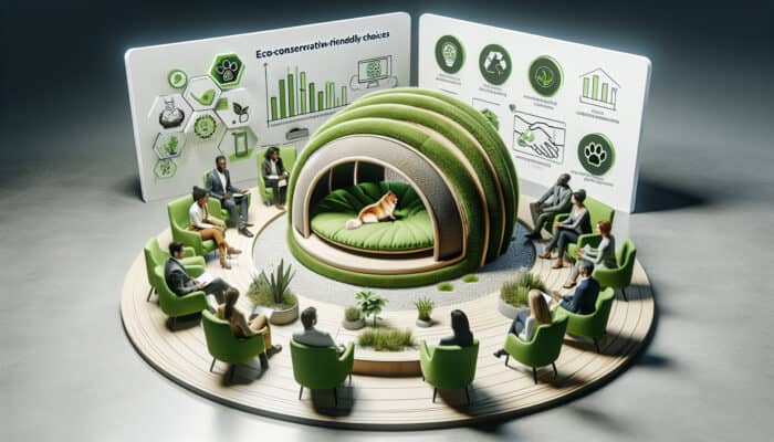 A cozy pet bed made from recycled materials, discussed by experts in a green-themed studio.