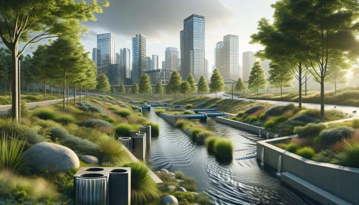 A serene North Vancouver landscape with expertly designed drainage solutions, lush greenery, and a softly clouded sky.