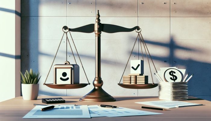 A scale balancing a stable job symbol and a loan approval document in a professional office with financial charts.