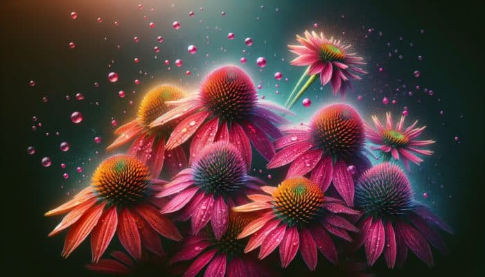 Echinacea flowers with scientific charts showing reduced cold symptom duration, highlighting immune benefits.