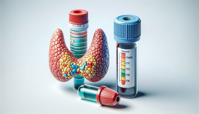Illustration of blood test vial with TSH, T3, T4 levels and thyroid glands showing hypothyroidism and hyperthyroidism.