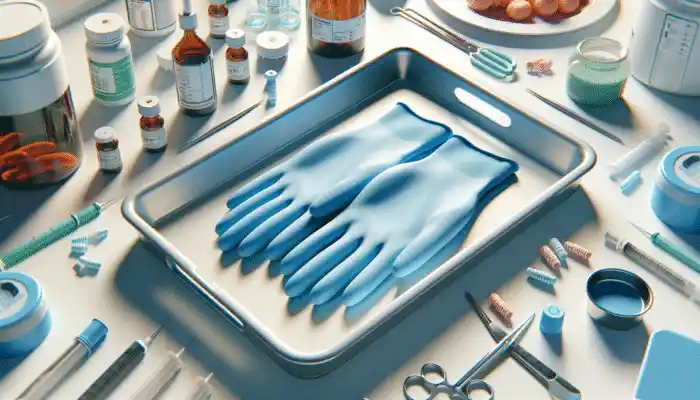 Blue nitrile gloves on a tray with chemicals and food, ideal for allergy-sensitive professionals.