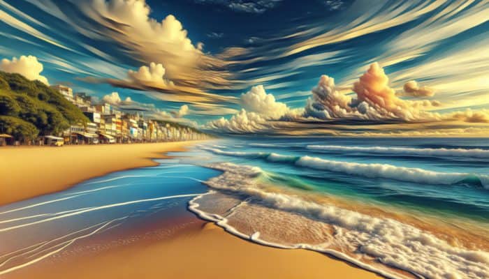 A serene beach at Burnham-on-Sea with SEO keywords integrated into sand and digital screen.