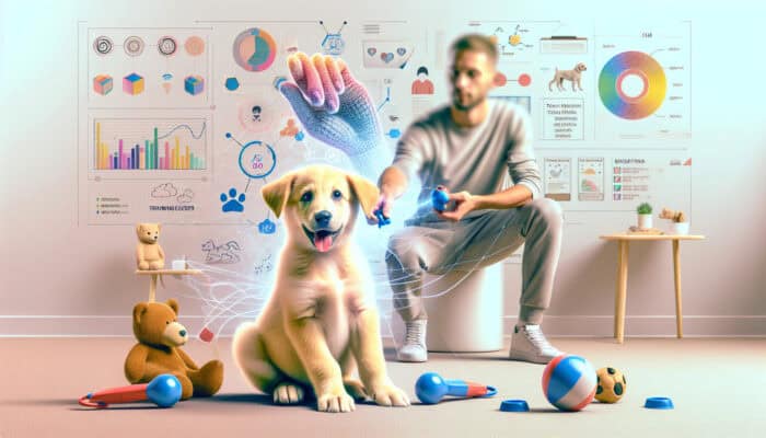 A playful puppy with toys and training tools in a bright room, guided by a trainer.