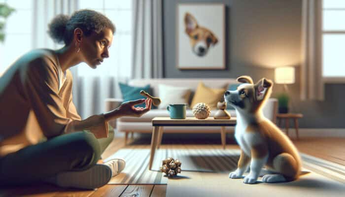 A puppy looks up during play as owner says "no" and holds a chew toy in a living room.