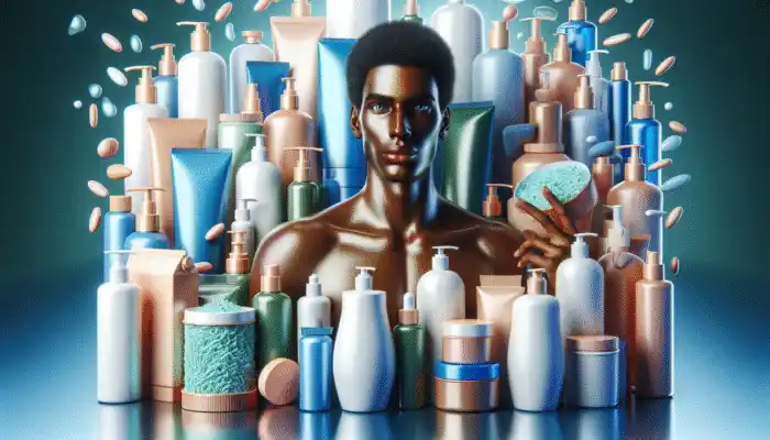 A person with radiant skin, surrounded by skincare products, symbolizing a comprehensive routine for enhanced skin health.