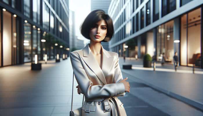 A chic woman with a blunt bob haircut posing confidently in a modern urban setting.
