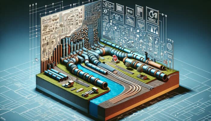 Blueprint of drainage system with sloping land, durable pipes, and geotextiles for efficient water flow and resilience.