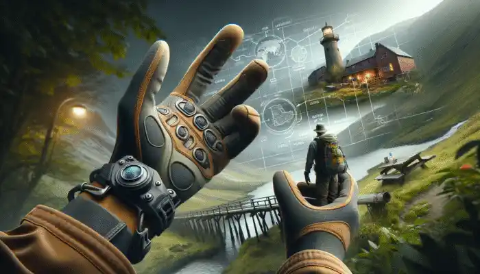 Person wearing durable rigger gloves hiking and gardening in Exeter, with Cotswold Outdoor store in background.