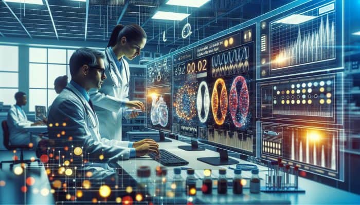 A cholesterol blood test report on a screen analyzed by experts in a lab in Stoke on Trent.