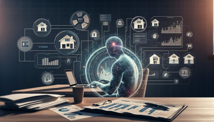 A person using a laptop with graphs and charts, a model house, and budget planner on desk, researching home prices in Makhanda.