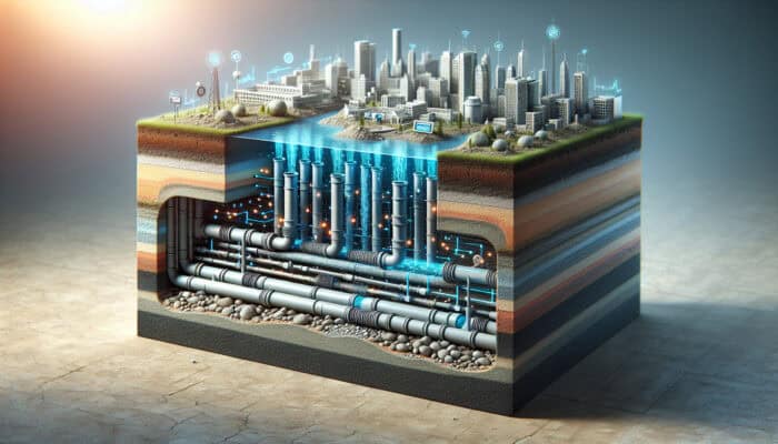 Modern weeping tile system with geotextile socks and smart sensors in soil, enhancing drainage and preventing clogs.