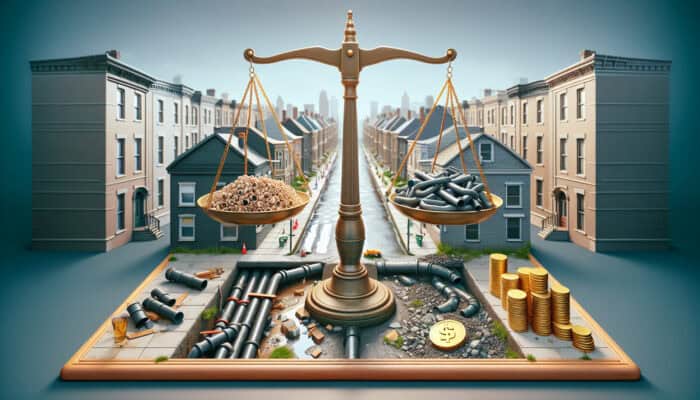 A scale comparing low-cost, poorly maintained drainage to higher-priced, well-maintained system in West End, highlighting long-term savings and property resilience.