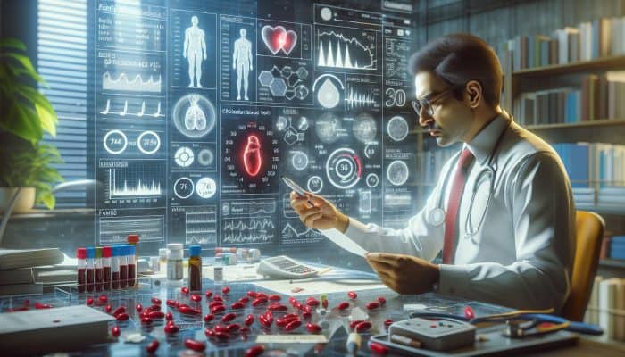 Person in lab conducting cholesterol test, surrounded by health charts and calendar marking 4-6 year intervals.