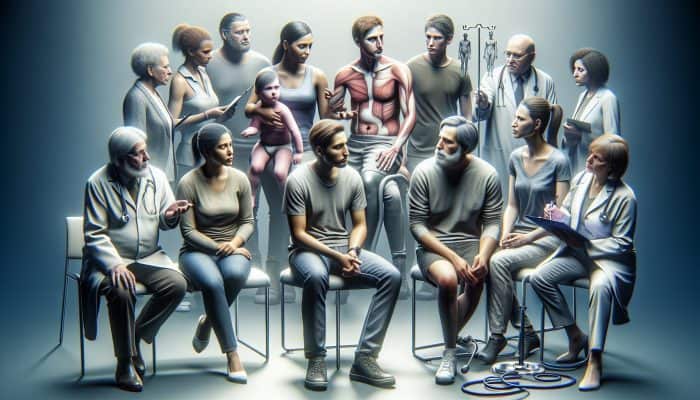 Diverse group consulting doctor about thyroid tests, showing symptoms, with family history and medical equipment.