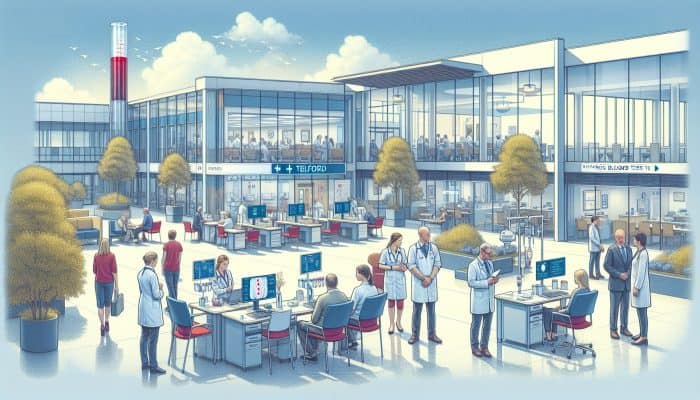 Modern Telford hospital with advanced labs and caring staff conducting thyroid blood tests in a supportive environment.