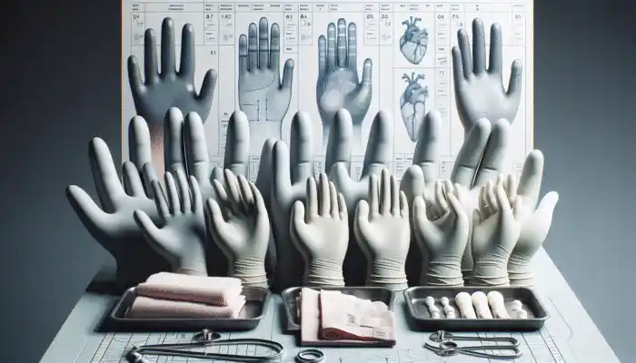 Latex gauntlet gloves of varying sizes, thicknesses, and types on a medical tray, with size charts.