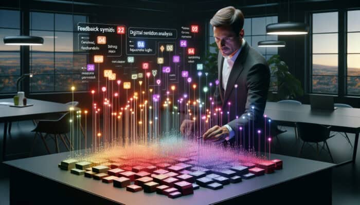 A person sorting colorful feedback cards into categories on a table, with digital sentiment analysis graphs on a screen in a modern office.