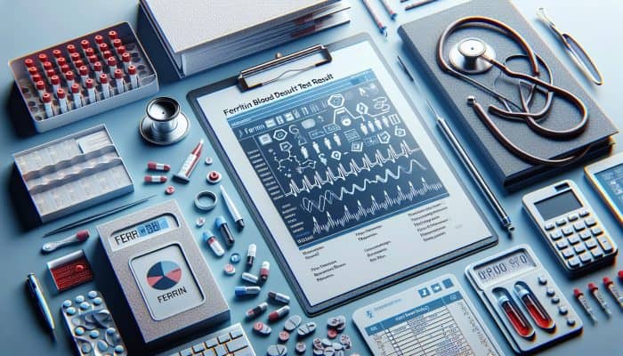 A medical chart showing ferritin test results and normal ranges for men and women in a Warwick healthcare office.