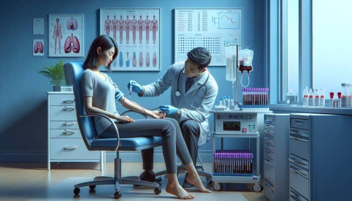 A patient having blood drawn by a phlebotomist in a serene medical setting with thyroid test equipment.