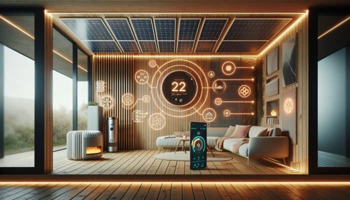 A cozy room with solar heater, advanced insulation, and smart thermostat controlled by mobile app.